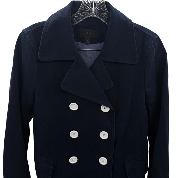 J.Crew Navy Cotton Twill Nautical Pea Coat Jacket Double Breasted Size 2 Pockets - Picture 9 of 13